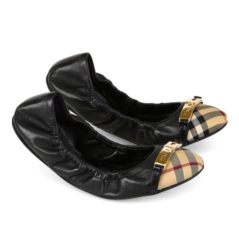 Burberry Black Leather and Nova Check Canvas Cap Toe Scrunch Ballet Flats